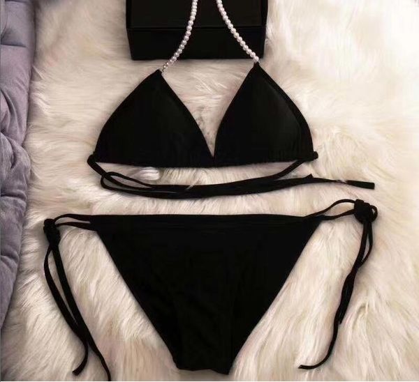 

2020 new arrival fashion women summer black cotton with pearl bikinis set swimsuit size s-xl