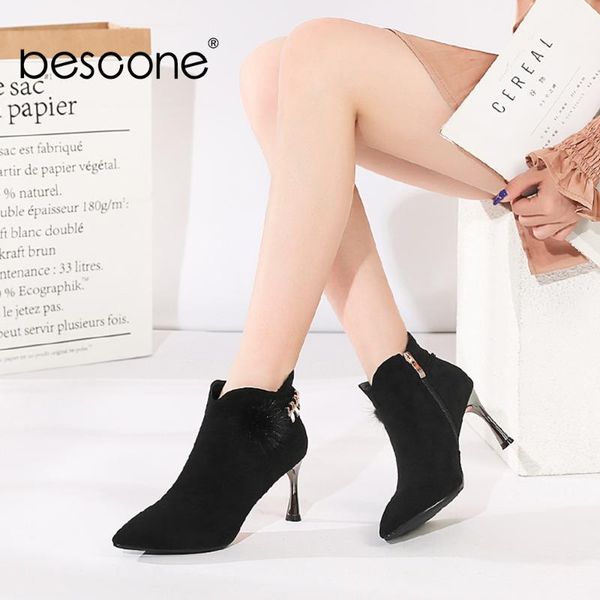 

bescone elegant mid-calf boots chain decoration pointed toe high thin heel zip shoes for party women's winter boots bm283, Black