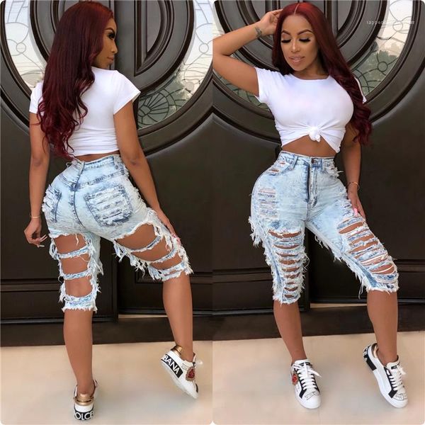 

pants fashion female clothing summer womens designer jeans high waist hole ripped solid color straight, Blue