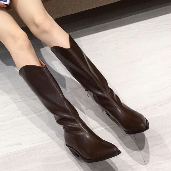 

retro pointy toe knee high botines mujer winter zip chunky heels western botas sew long tube riding botte high heels women shoes, Black