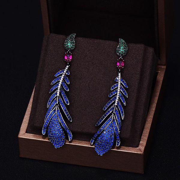 

godki brand new fashion luxury feather cubic zirconia pave needle wedding dangle earring for women 7.1cm*1.8cm, Silver