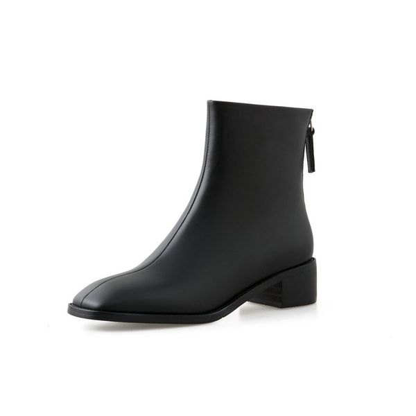 

genuine leather concise back zipper shoes for women concise female wedding casual shoes woman thick med heels ankle boots, Black