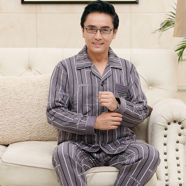 

men's sleepwear three-layer thick laminated pajamas male striped set full cotton men 2pcs/set warm autumn winter plus size home clothes, Black;brown