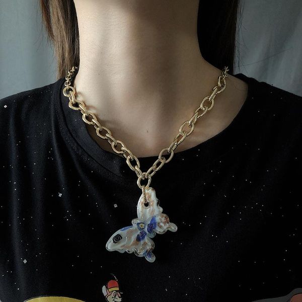 

kmvexo resin glaze glass butterfly pendant necklace statement collar boho chains hip hop summer jewelry accessories women girls, Silver