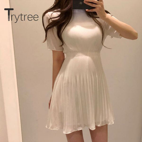 

casual dresses trytree 2021 summer dress women o-neck fashion slim fit a-line elegant solid 3 color pleated mini, Black;gray