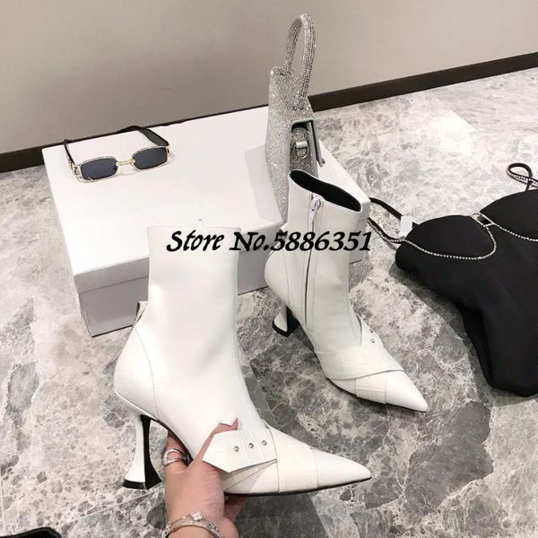 

women thin high heel boots women ankle boot real leather cat heel shoe booties pointed toe side zipper shoe, Black