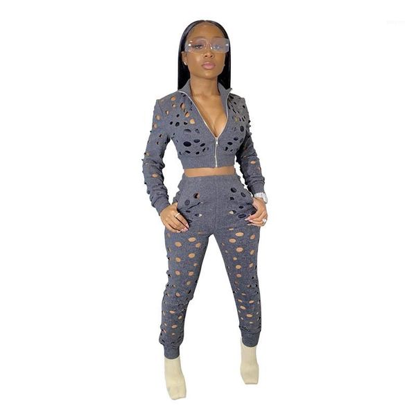 

all holes long sleeve long pants womens 2pcs sets casual females clothing hollow out womens designer tracksuits fashion, Gray