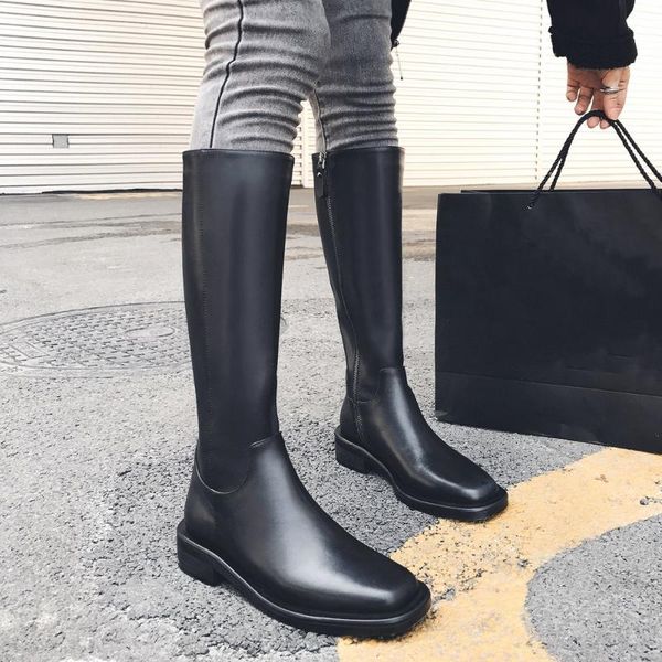 

luxury genuine leather motorcycle boots women fall new zipper chunky heel knee high boots female fashion comfort, Black