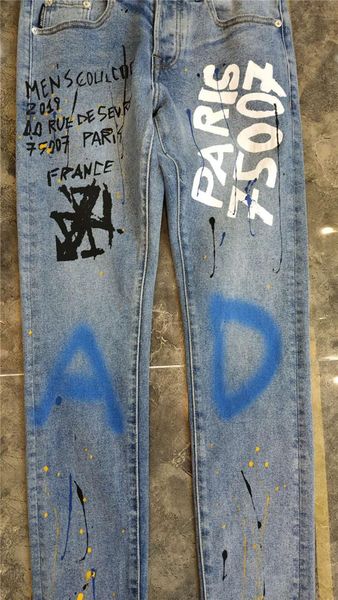 

new design mens designer jeans ripped silver graffiti vintage style hole fashion slim motorcycle biker causal hip hop pants, Blue