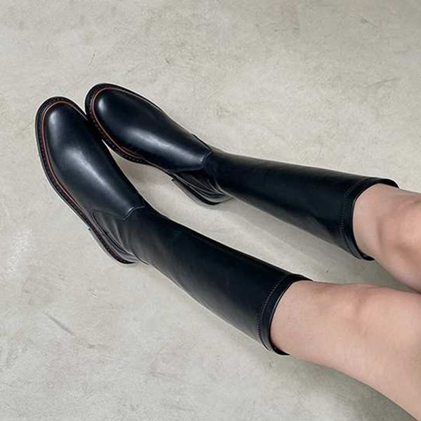 

2020 new winter shoes women's riding boots cow leather low heel stretch boots round toe high street thin high bottes femme, Black