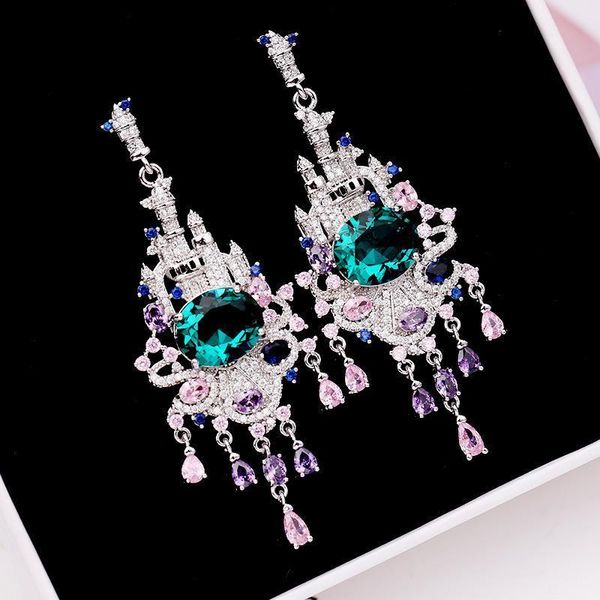 

fashion- women fashion castle earromgs luxury wedding jewelry 925 silver bling cubic zirconia female long