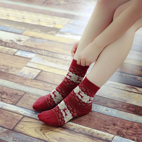 

5 pairs winter women socks warm anklet wool christmas socks woolen snowflake deer comfortable gift, Black;white