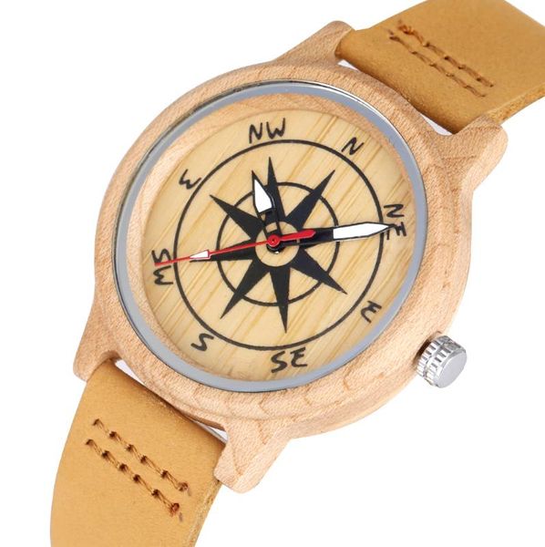 

compass design wooden watches for women unique dial for men light brown leather band luminous pointers gift relojes de mujer, Slivery;brown