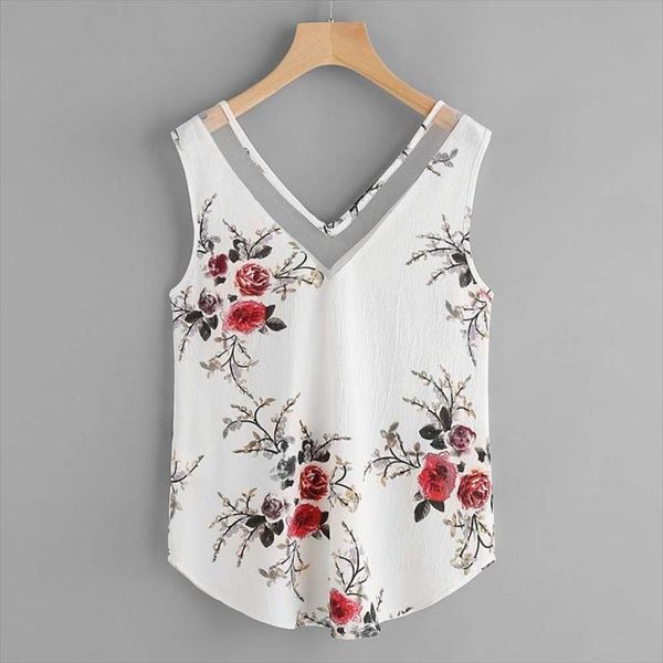 

women 2020 women blouses summer casual floral casual sleeveless v neck ladies sleeveless summer blouse blusa jeans feminino, White