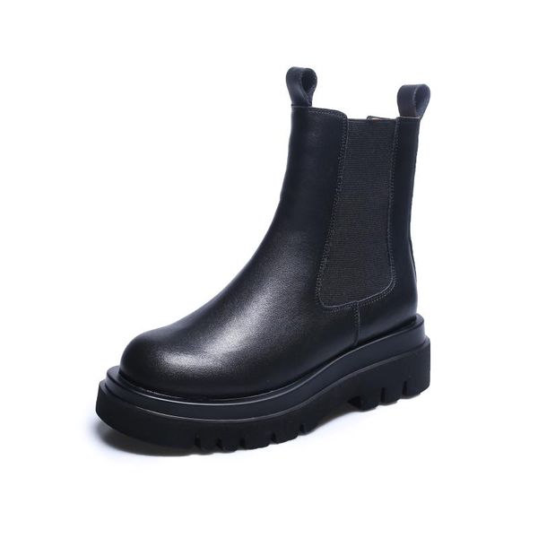 

med boots cow leather women fashion boots plus size elastic bootie england boot slip on boots z255, Black