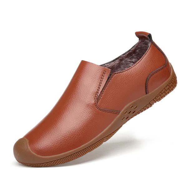 

leather loafers men winter moccasin slip on sneakers flat with warm fur causal men shoes male footwear boat shoes, Black