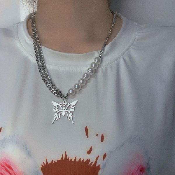 

hip hop multilayer titanium steel chain statement necklaces chic imitation pearl women chokers bijoux butterfly pendant necklace, Silver