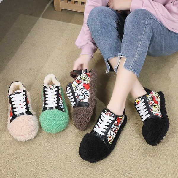 

flat shoes women's loafers keep warm graffiti fuzzy shoes new winter casual female lazy zapatos mujer, Black
