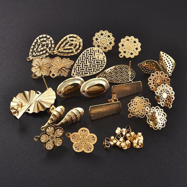 

10pcs stainless steel geometric round earring stud golden hollow flowers earrings base connectors linker diy making accessories