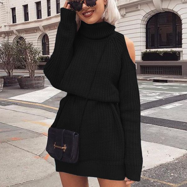 

casual dresses knitted sweater fall winter women solid color long sleeve medium length high neck off shoulder lady loose dress, Black;gray