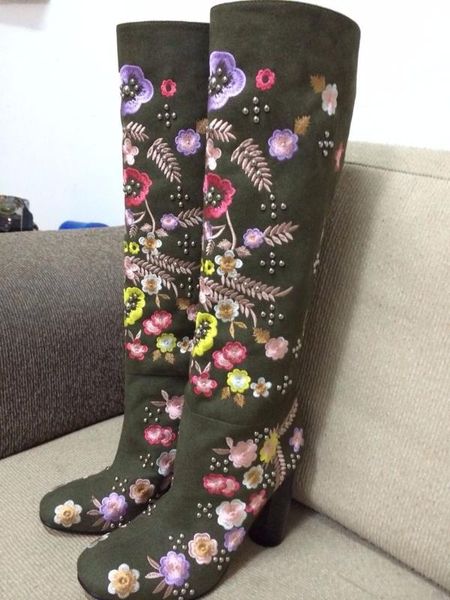 

ботинес mujer 2020 вышивки florals высоких сапог коренастого высокой пятка весна осень дама сапоги обувь люкс женщина scarpe, Black