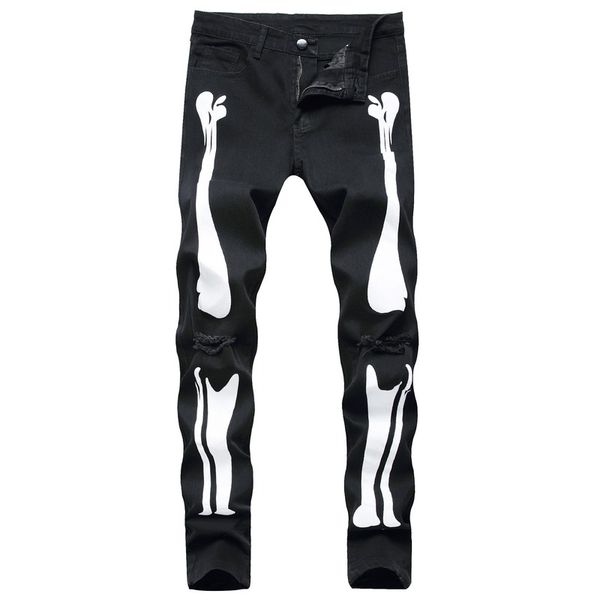 

fashion solid white jeans men white print ripped hole washed skinny jeans male casual outerwear hip hop pants, Blue