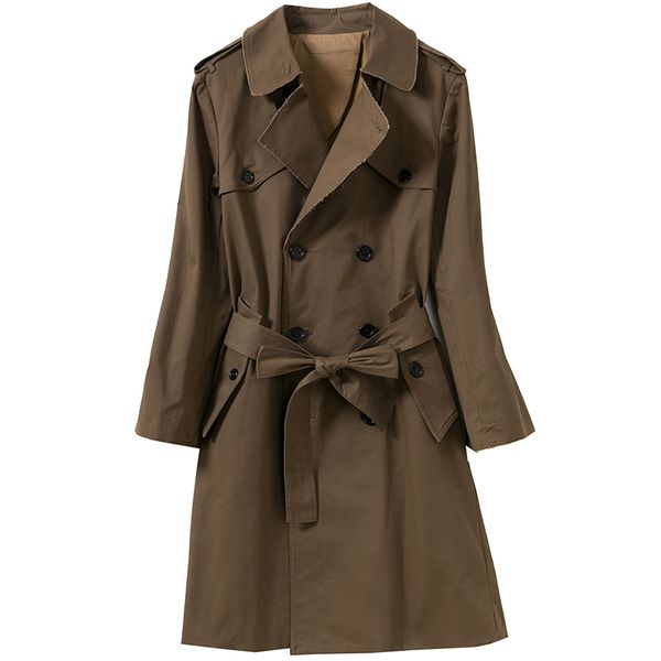 

[elfstyle] - woman coffee cotton trench coat double breasted frayed hem lapel collar waist belt sides pockets long sleeves coats, Tan;black