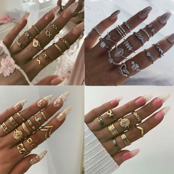 

boho vintage золотых женских колец набор кристалл шесть звезды цветы змейки кольца набор для женщин шарма knuckle женских ювелирных изделий, Golden;silver