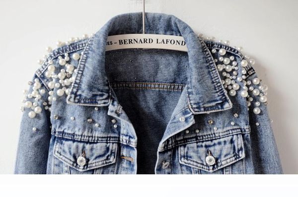 

2018 spring autumn women basic coats women denim jacket pearls beading fashion jeans coat loose long sleeve jackets 898, Black;brown
