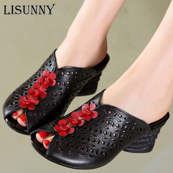 

lisunny 2020 summer women shoes wedges sandals genuine leather handmade flower square heels comfotable women slides, Black