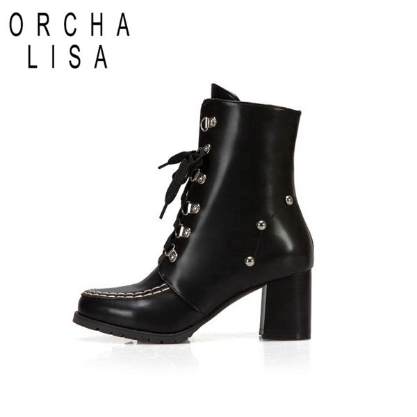 

orchalisa winter mid-calf boots round toe chunky heel pu cross-tied metal big size 35-46 black white beige pink club party c2012
