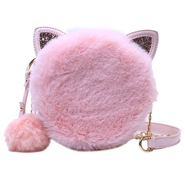 

kawaii fur handbag 2020 winter fashion new handbag mini girl cute cat ears round shoulder strap messenger bag pink