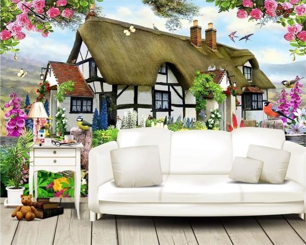 3d Wallpaper moderno bonito Pastoral Inglês Casa Rose Garden Romântico Cenário decorativa Wallpaper 3D Mural