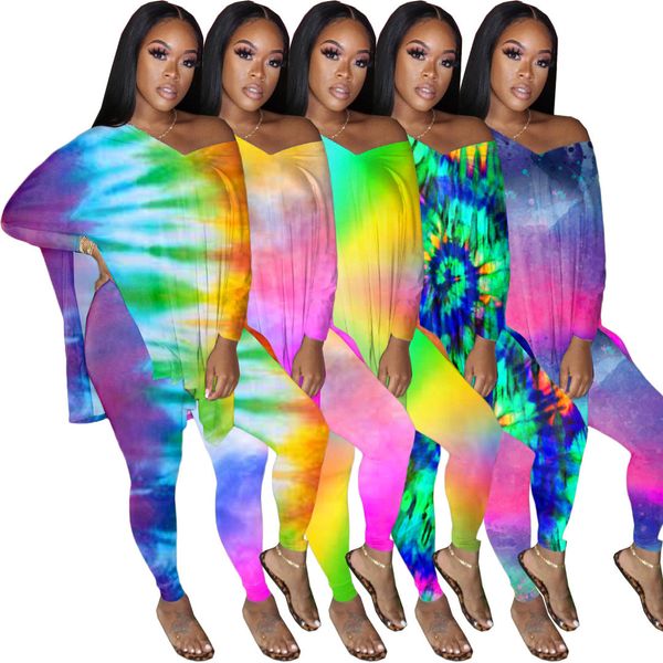 

designer women gradient colors printed v-neck batwing shirt long pants two piece set outfits club fashion ladies casual suit plus size 890, White