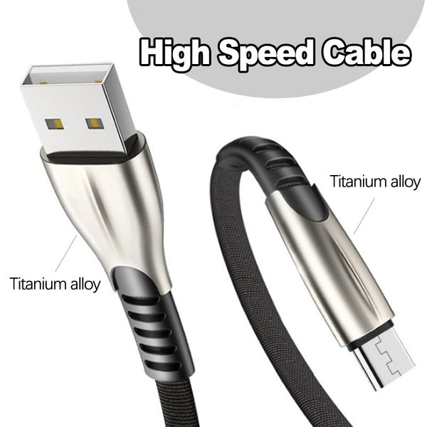 Liga de titânio de alta velocidade 2.4a cabos USB rápido carregador micro tipo C cabo de carregamento 1m 2m 3m