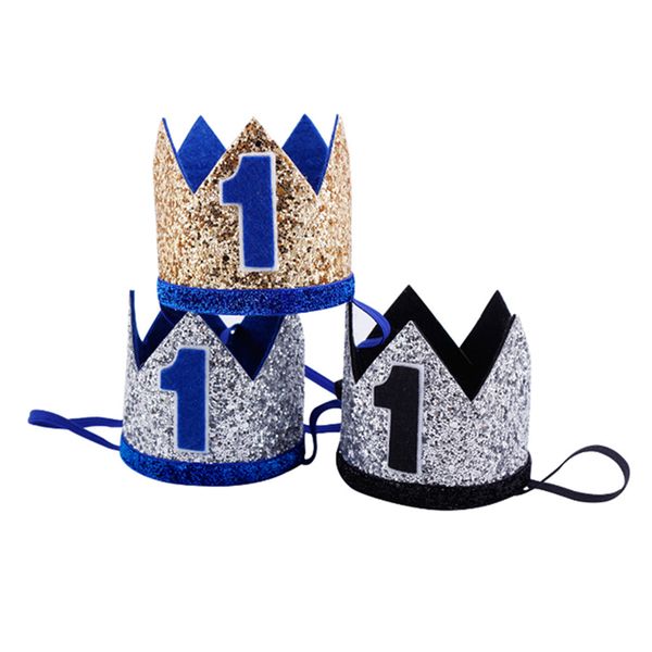 

boy blue silver first birthday hat girl gold pink priness crown number 1st 2 3 year old party hat glitter birthday headband