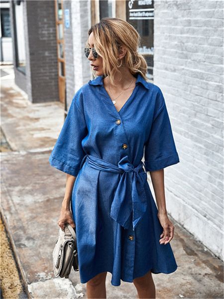 

women lace dresses neck casual designer autumn v dresses solid color up new denim women iqask, Black