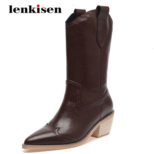 

lenkisen western boots genuine leather high fashion thick high heel pointed toe slip on daily wear mature mid-calf boots l23, Black