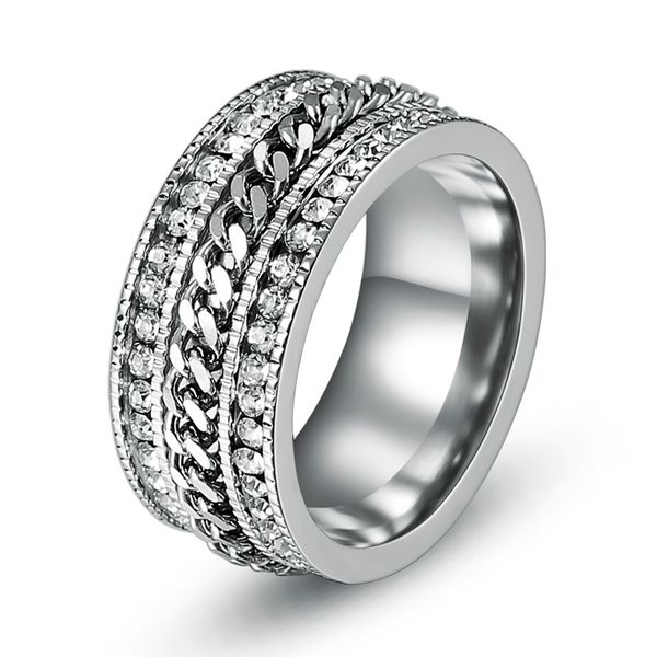 

10mm stainless steel rings for men luxury rhinestones crystals rotatable chain ring fashion punk male jewelry 2020 birthday gift, Golden;silver