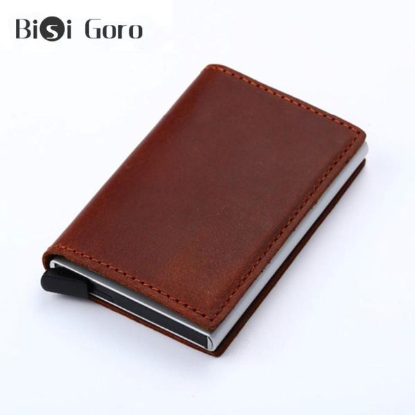 

bisi goro 2020 men genuine leather wallet crazy horse leather card holder vintage purse rfid aluminium business id card holder, Red;black