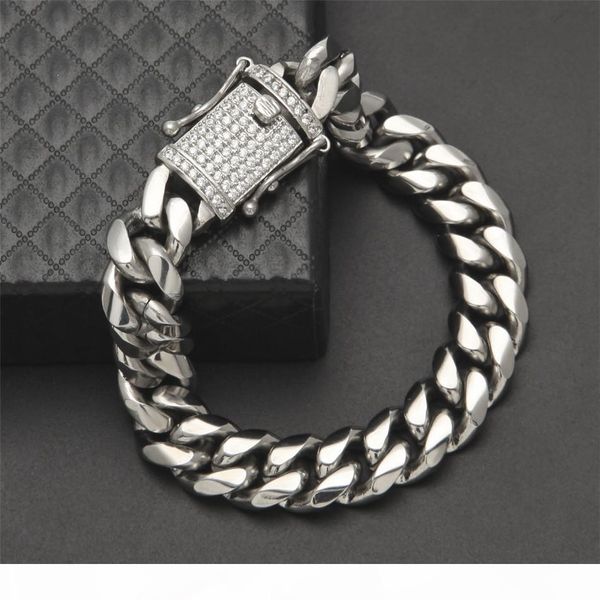 

14mm mens cuban miami link bracelet rhinestone clasp iced out gold silver stainless steel chain bracelet 21cm, Golden;silver