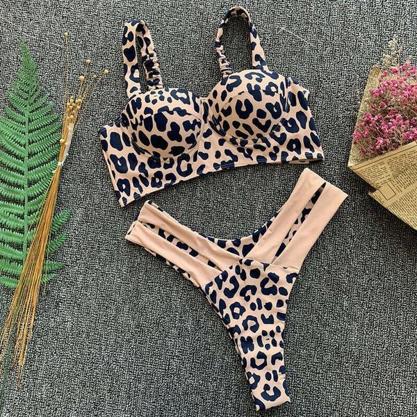 

leopard print bandage swimsuit women bikini set summer padded bathing 2pcs push up bra swim wear bandeau vintage new, White;black
