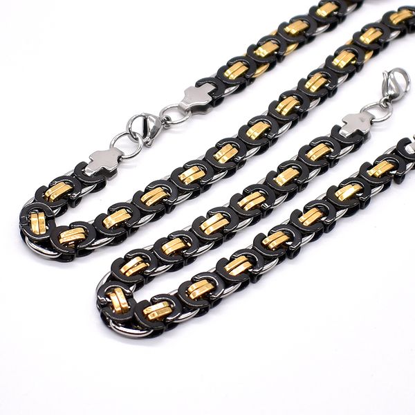

amumiu 40-90cm jewelry set two tone gold black color trendy 8mm byzantine link chain necklace and bracelet set htz085, Silver