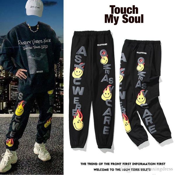 

fashion men designer pants outdoor pattern warm autumn winter flame smile face 3d relief printing mens and womens sports casual pants, Black