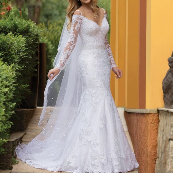 

2020 vestido de noiva mermaid wedding dress v neck long sleeves beading belt lace marriage dress off shoulder custom made, Blue;red