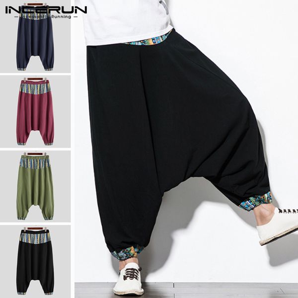 

incerun men printed harem pants cotton ethnic style joggers streetwear loose wide leg trousers elastic waist loose pants s-5xl, Black