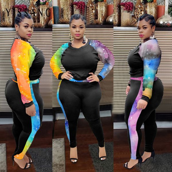 

yissang print party two pieces set women long sleeve o neck crop and pants suit plus club wear 2020 autumn outfits tracksuit, Gray