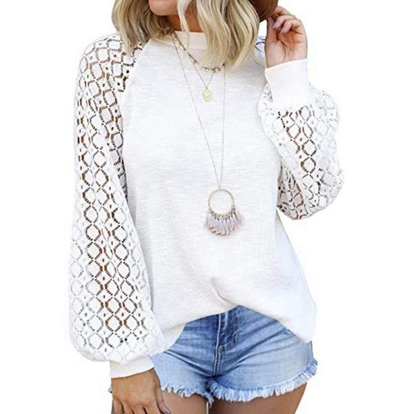 

women's t-shirt white lace tees women autumn long sleeve casual t-shirts patchwork ribbed tshirt streetwear shirt femme
