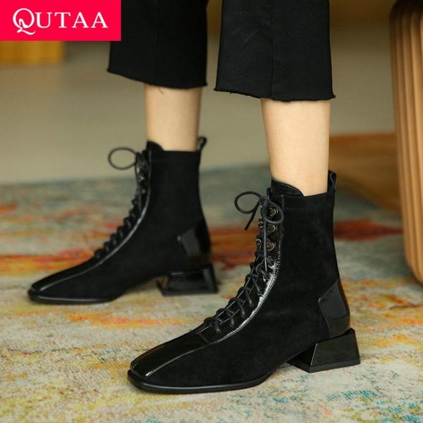 

qutaa 2021 patchwork cow leather flock ankle boots square heel autumn winter women shoes square toe lace up short boot size34-42, Black