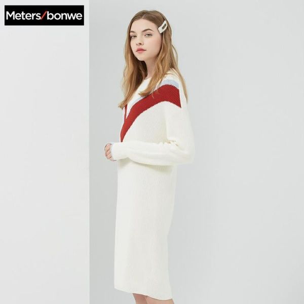 

metersbonwe long knitted dress women panelled colour sweater dress shirt office ladies 2020 autumn winter women, Black;gray